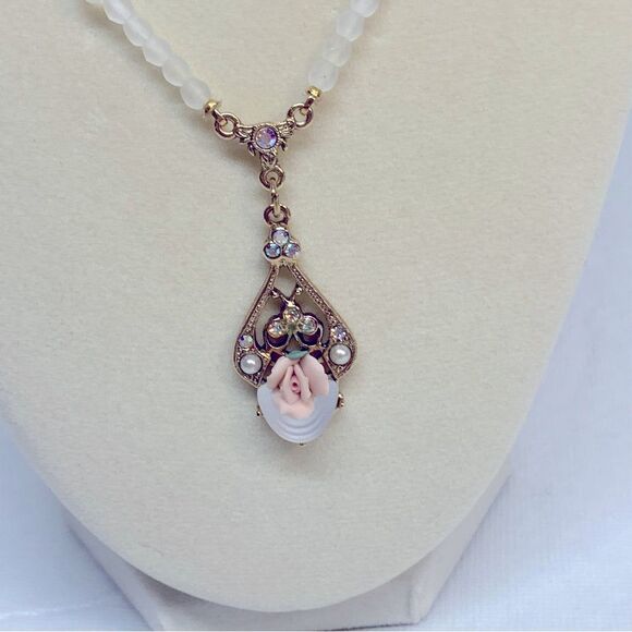 1928 Necklace Ceramic Flower & Rhinestones & Glass 18” Drop 21” Gorgeous - Picture 1 of 5